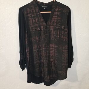 Rock Republic-Black Brown Geo Long Sleeve Vneck Top Blouse-LARGE
